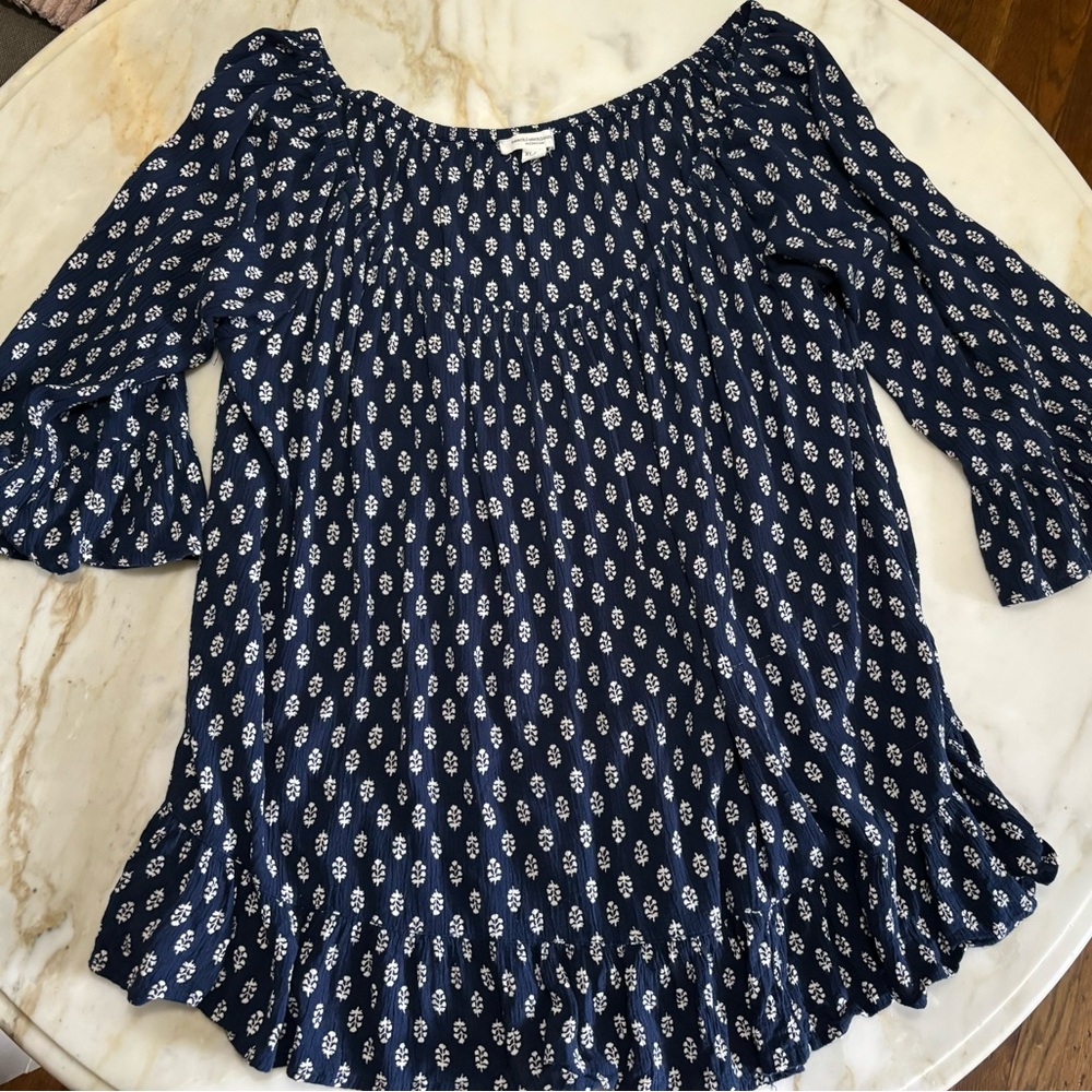 Beach Lunch Lounge Coastal Top XL Navy Ruffles Boho Rayon Block Print